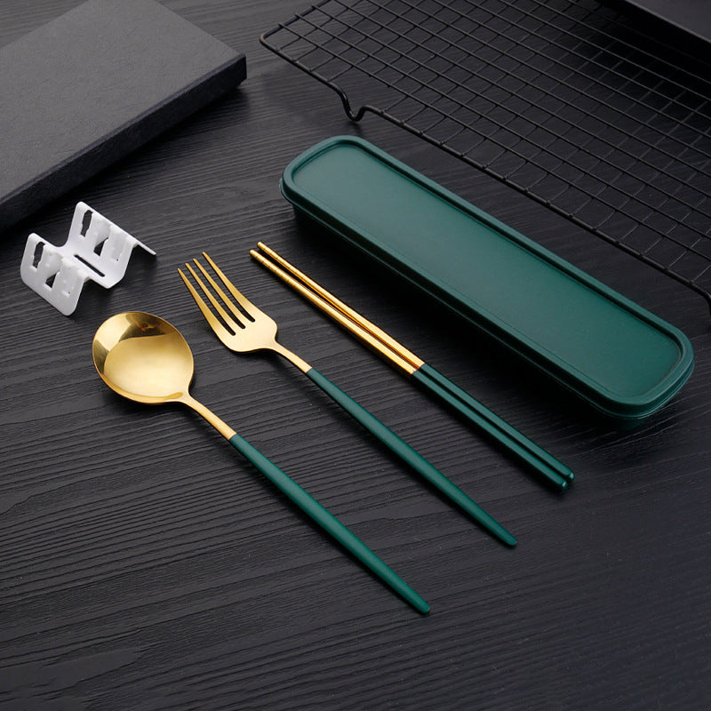 Portable 3pcs Stainless Steel Cutlery Set - Golden Handle Fork, Spoon & Chopsticks with Green Travel | 304 Stainless Steel, Polished Finish, Compact & Durable for Travel, Camping, Office, Home Use | Hygienic Outdoor Dining Essentials