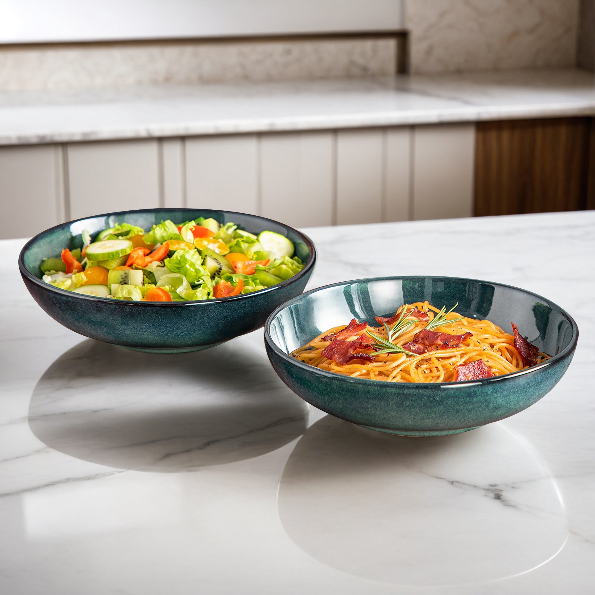 4pcs Ceramic Pasta Bowls | 36 Oz\u002F1140 ML Wide Shallow Bowls for Soup, Salad, Dessert - Microwave & Dishwasher Safe - Green