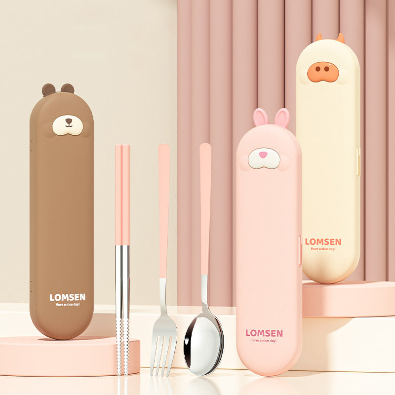 Portable Set of Chopsticks, Spoon, And Fork with a Cartoon Animal Cutlery Case, Essential for Students' Meals, Office Workers' Lunches, And Outdoor Picnics