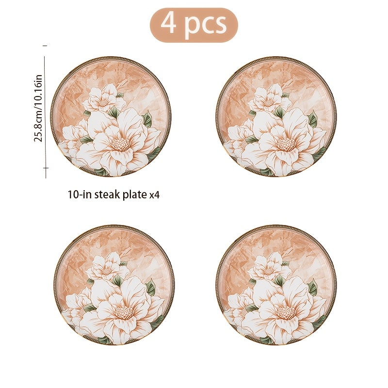 Elegant 4pcs Steak Plate Set with High-End Retro Camellia Pattern, Suitable for Serving Rice, Steak, Roasted Chicken, Salad, Steak And Other Delicacies, Suitable for Restaurants, Hotels, Picnics And Other Occasions