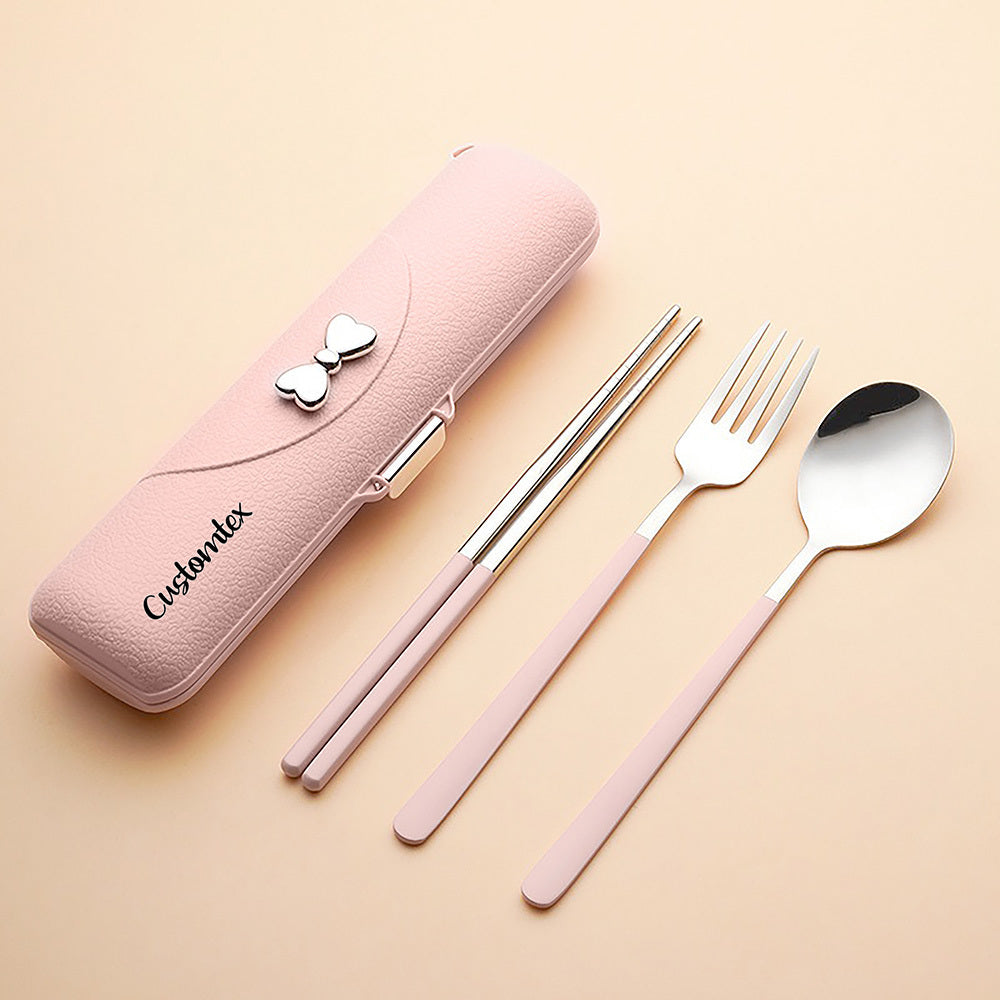 Personalization Laser Engraving Butterfly Bow Portable Cutlery Set - 3pcs of Stainless Steel Cutlery with Plastic Handles, Includes Spoon, Fork, Chopsticks and Storage Box - Beautiful Travel Cutlery Set