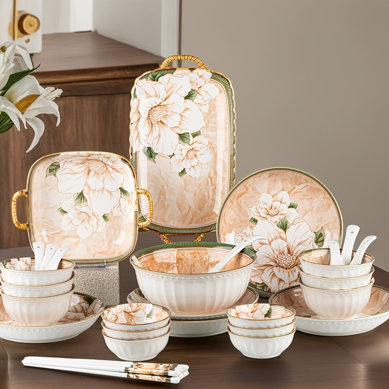 Light Luxury 33\u002F43pcs Ceramic Tableware Set, Featuring High-End Camellia Patterns, Suitable for Serving Salads, Steaks, Pasta, Cake, Etc. Suitable for Restaurants, Hotels, Home Kitchens, Holiday Gatherings, Suitable for 4-8 People to Use