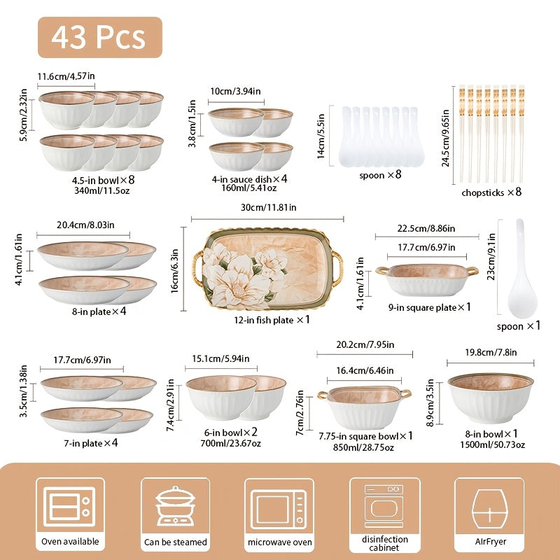 Light Luxury 33\u002F43pcs Ceramic Tableware Set, Featuring High-End Camellia Patterns, Suitable for Serving Salads, Steaks, Pasta, Cake, Etc. Suitable for Restaurants, Hotels, Home Kitchens, Holiday Gatherings, Suitable for 4-8 People to Use