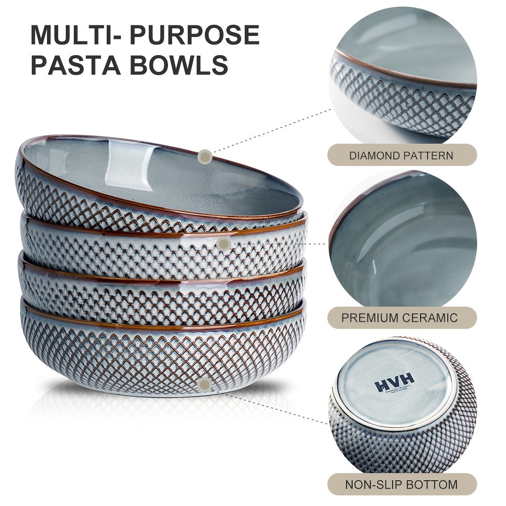4pcs HVH 8.5 Inch Large Pasta Bowls Set, 46oz Big Salad Bowl Set Of 4, Shallow Bowls, Ceramic Plates Set, Ceramic Bowls Set Microwave And Dishwasher Safe