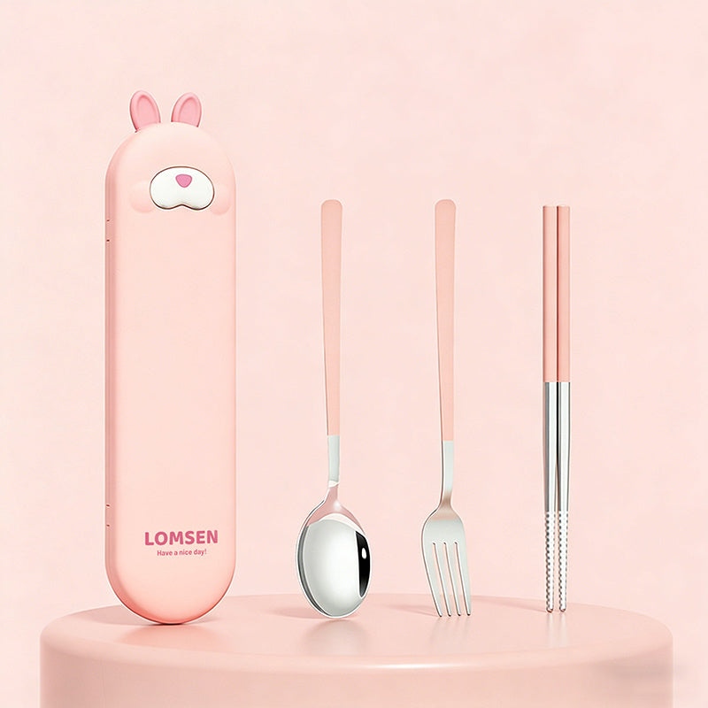 Portable Set of Chopsticks, Spoon, And Fork with a Cartoon Animal Cutlery Case, Essential for Students' Meals, Office Workers' Lunches, And Outdoor Picnics