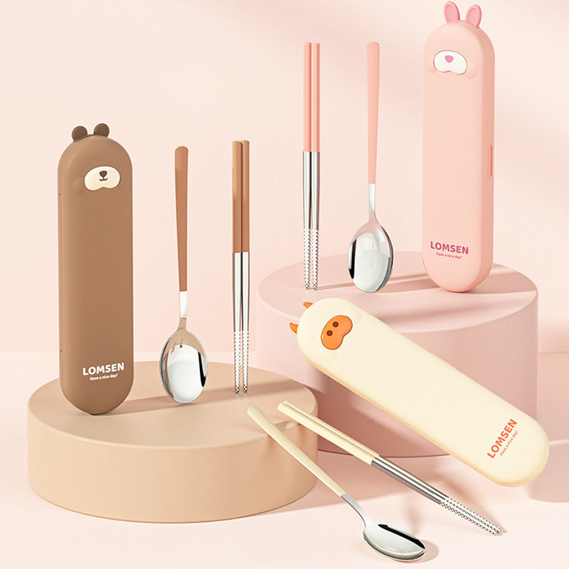 Portable Set of Chopsticks, Spoon, And Fork with a Cartoon Animal Cutlery Case, Essential for Students' Meals, Office Workers' Lunches, And Outdoor Picnics