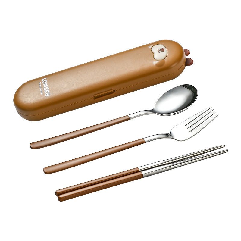 Portable Set of Chopsticks, Spoon, And Fork with a Cartoon Animal Cutlery Case, Essential for Students' Meals, Office Workers' Lunches, And Outdoor Picnics