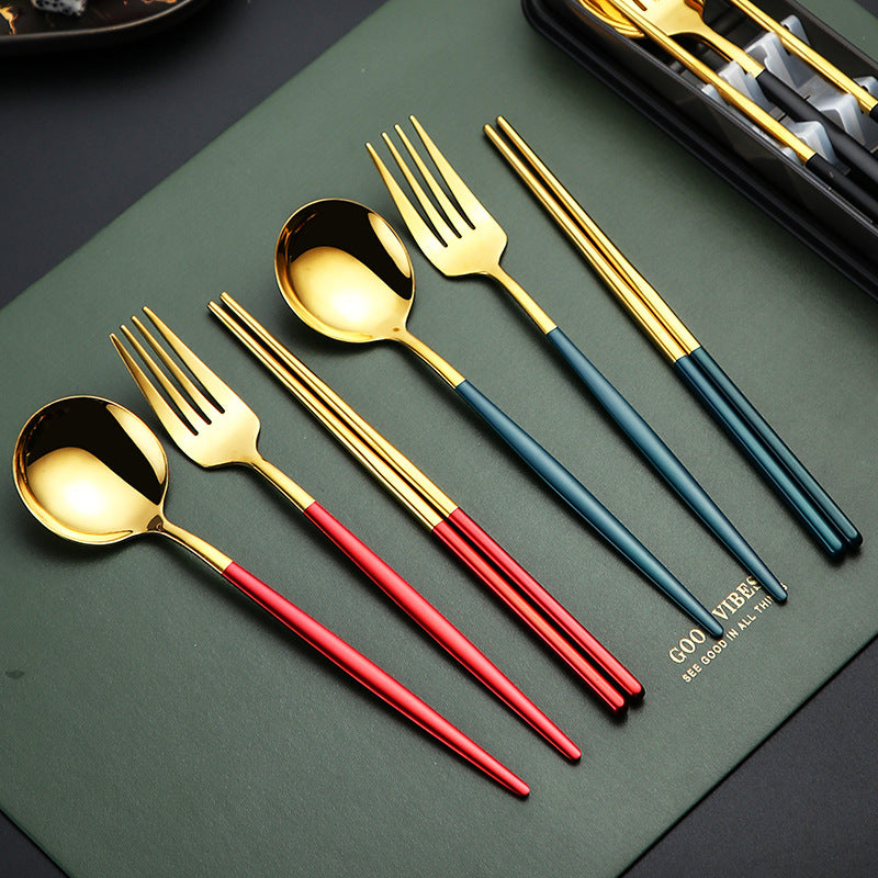 Portable 3pcs Stainless Steel Cutlery Set - Golden Handle Fork, Spoon & Chopsticks with Green Travel | 304 Stainless Steel, Polished Finish, Compact & Durable for Travel, Camping, Office, Home Use | Hygienic Outdoor Dining Essentials