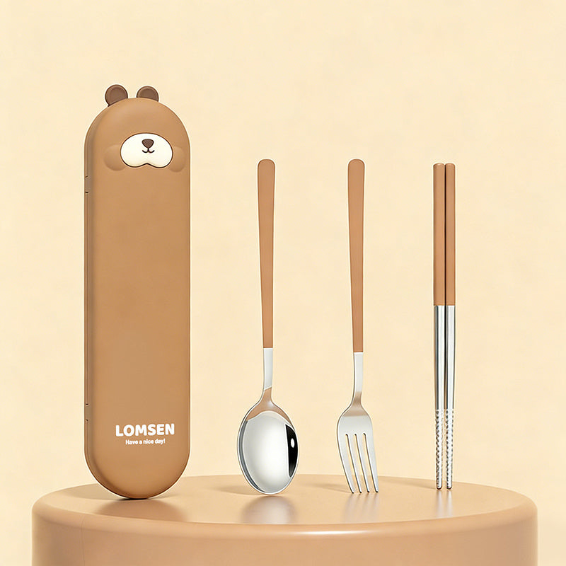 Portable Set of Chopsticks, Spoon, And Fork with a Cartoon Animal Cutlery Case, Essential for Students' Meals, Office Workers' Lunches, And Outdoor Picnics