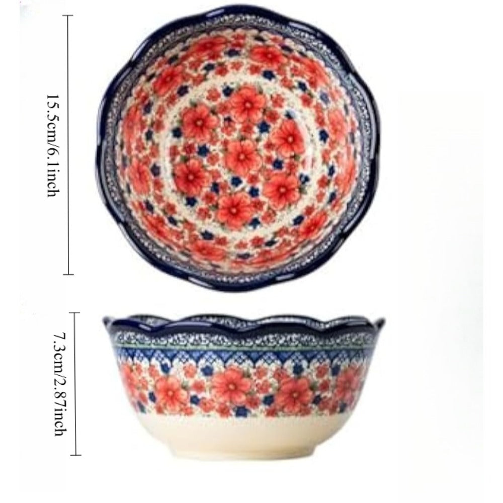 Snow Plum 6-inch Ceramic Salad Bowl - Retro Dish with Elegant Curved Rim & Smooth Sides, Multi-Use Rice\u002FSalad\u002F Bowl for Home Dining Table, Ceramic Ware Suitable for Rice, Salad,, Soup