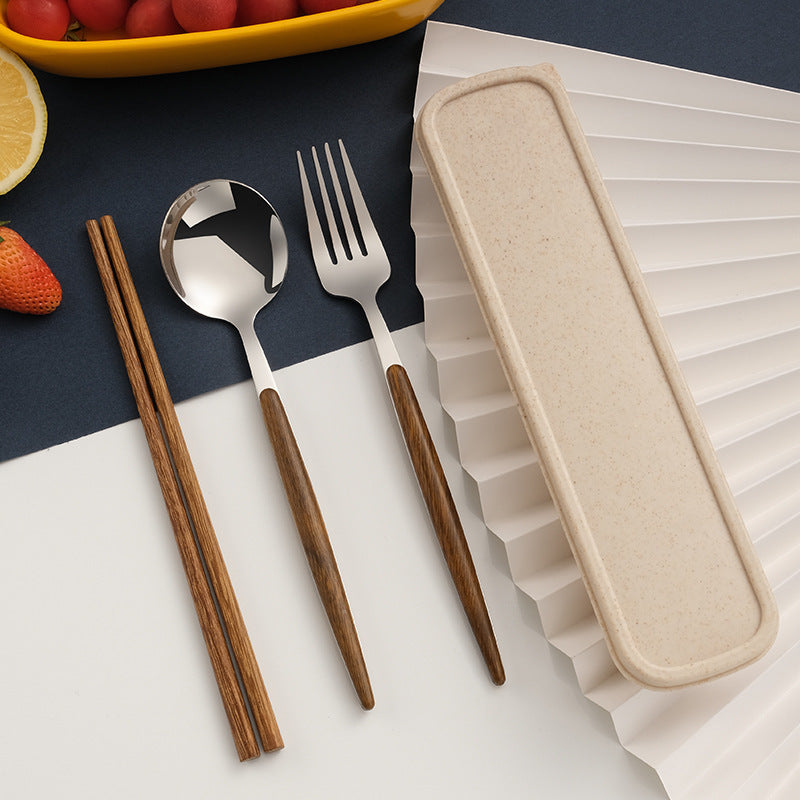 Set of 4 Utensils Made from 304 Stainless Steel with Wooden Handles - Versatile, Thickened, And Polished Cutlery Suitable for Home Use, Camping, Picnics, And Restaurants. Includes Hygienic, Rust-Resistant Chopsticks And a Compact Tool
