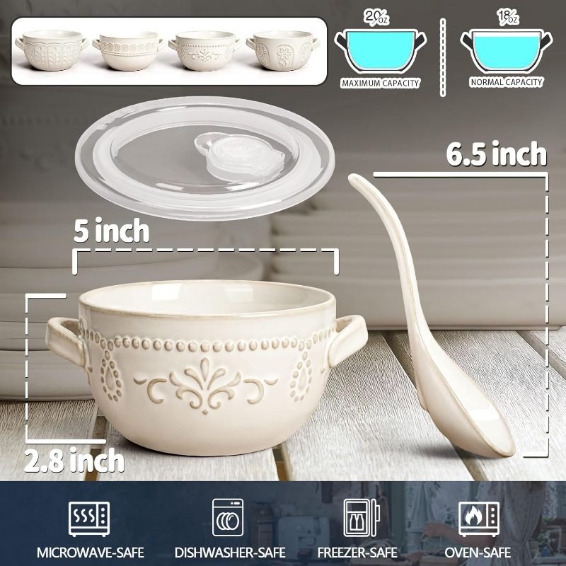 Ceramic Pasta Bowls Set of 4 - 9.85 Inch Large Salad Bowls, 25oz Serving Bowls Soup, Ceramic Coffee Mugs Set of 4, 16oz Embossed Large Latte Mugs Coffee Cups with Handle for Tea