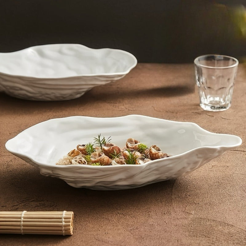 4-Pack 11-Inch White Oyster Shell Ceramic Plates - Irregular Oval Seafood Serving Dishes, Elegant Shell-Shaped Tableware for Christmas, Thanksgiving, Value Pack for Parties, Banquets & Display ( & -)