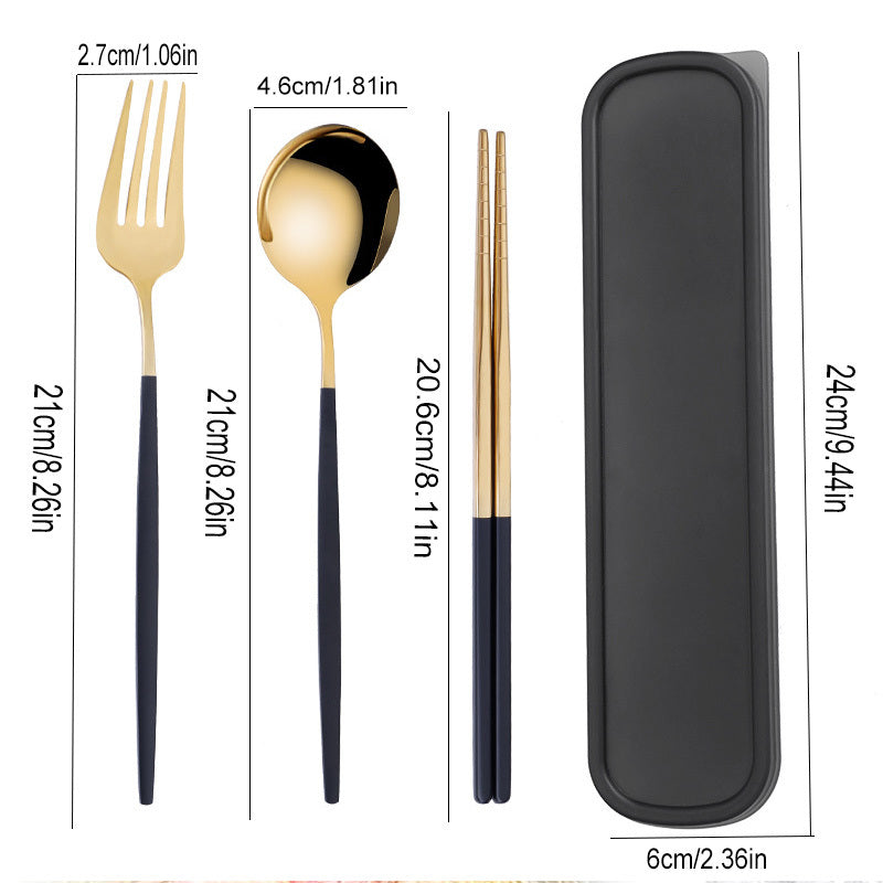Portable 3pcs Stainless Steel Cutlery Set - Golden Handle Fork, Spoon & Chopsticks with Green Travel | 304 Stainless Steel, Polished Finish, Compact & Durable for Travel, Camping, Office, Home Use | Hygienic Outdoor Dining Essentials