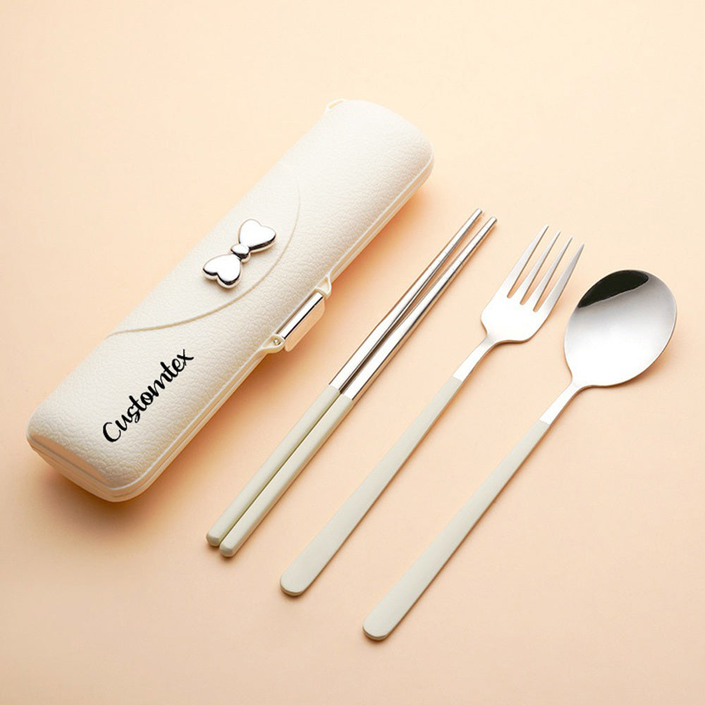 Personalization Laser Engraving Butterfly Bow Portable Cutlery Set - 3pcs of Stainless Steel Cutlery with Plastic Handles, Includes Spoon, Fork, Chopsticks and Storage Box - Beautiful Travel Cutlery Set