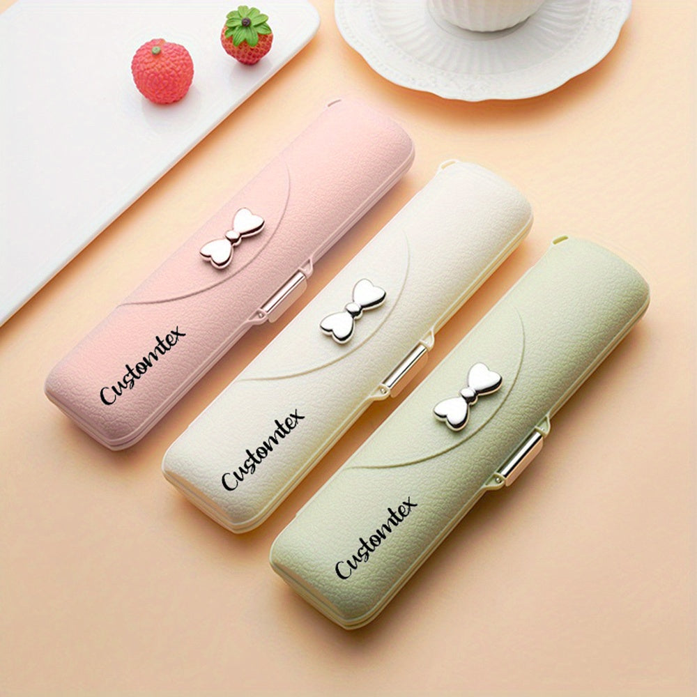 Personalization Laser Engraving Butterfly Bow Portable Cutlery Set - 3pcs of Stainless Steel Cutlery with Plastic Handles, Includes Spoon, Fork, Chopsticks and Storage Box - Beautiful Travel Cutlery Set