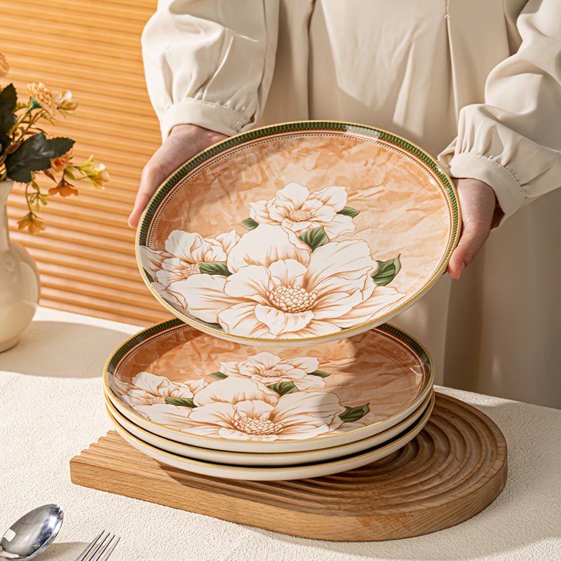 Elegant 4pcs Steak Plate Set with High-End Retro Camellia Pattern, Suitable for Serving Rice, Steak, Roasted Chicken, Salad, Steak And Other Delicacies, Suitable for Restaurants, Hotels, Picnics And Other Occasions