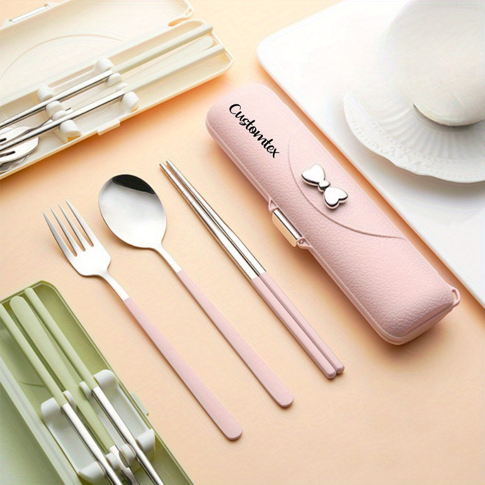 Personalization Laser Engraving Butterfly Bow Portable Cutlery Set - 3pcs of Stainless Steel Cutlery with Plastic Handles, Includes Spoon, Fork, Chopsticks and Storage Box - Beautiful Travel Cutlery Set