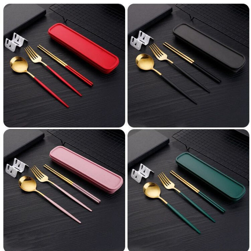 Portable 3pcs Stainless Steel Cutlery Set - Golden Handle Fork, Spoon & Chopsticks with Green Travel | 304 Stainless Steel, Polished Finish, Compact & Durable for Travel, Camping, Office, Home Use | Hygienic Outdoor Dining Essentials