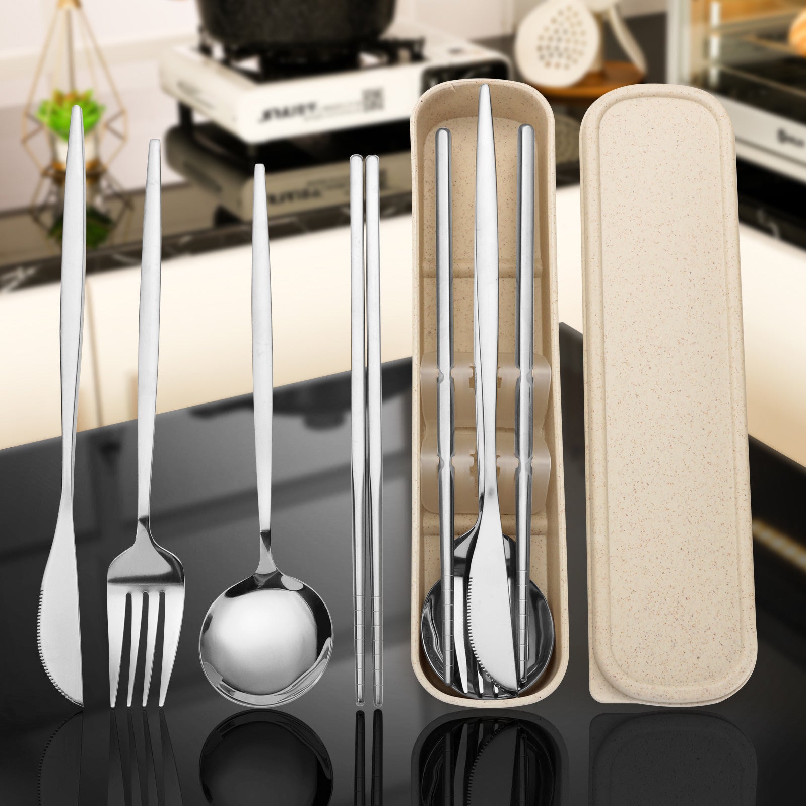 5pcs Stainless Steel Portable Cutlery Set, Including Knife, Spoon, Fork, Chopsticks and Storage Case- Suitable for Various Occasions Such as Travel, Office, Campus, Picnics, Home, Parties, and Weddings