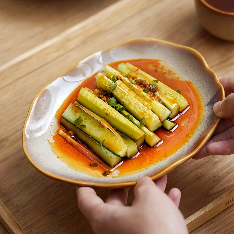 TAUFIKT 4pcs Scandinavian Style Ceramic Tableware, Irregular Shape, Appetiser, Dessert, Steak, Salad, Main Course\u002FBreakfast\u002FMid-Dinner Multi-Use - Ideal For Home And Restaurant Premium Sense Ceramic Tableware Can Be Used For Potluck, Gift