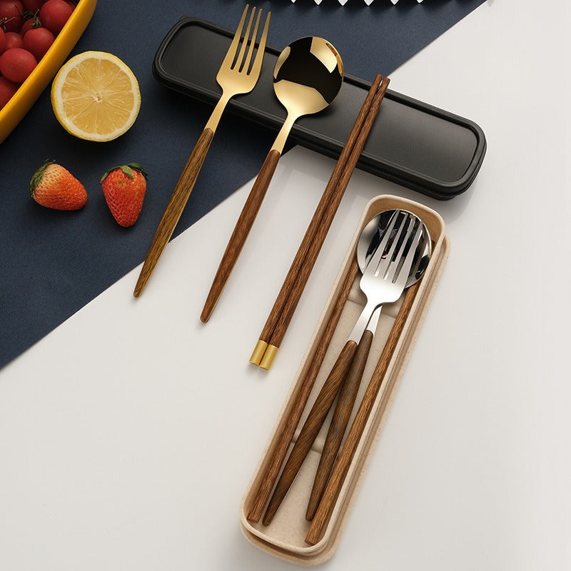 Set of 4 Utensils Made from 304 Stainless Steel with Wooden Handles - Versatile, Thickened, And Polished Cutlery Suitable for Home Use, Camping, Picnics, And Restaurants. Includes Hygienic, Rust-Resistant Chopsticks And a Compact Tool