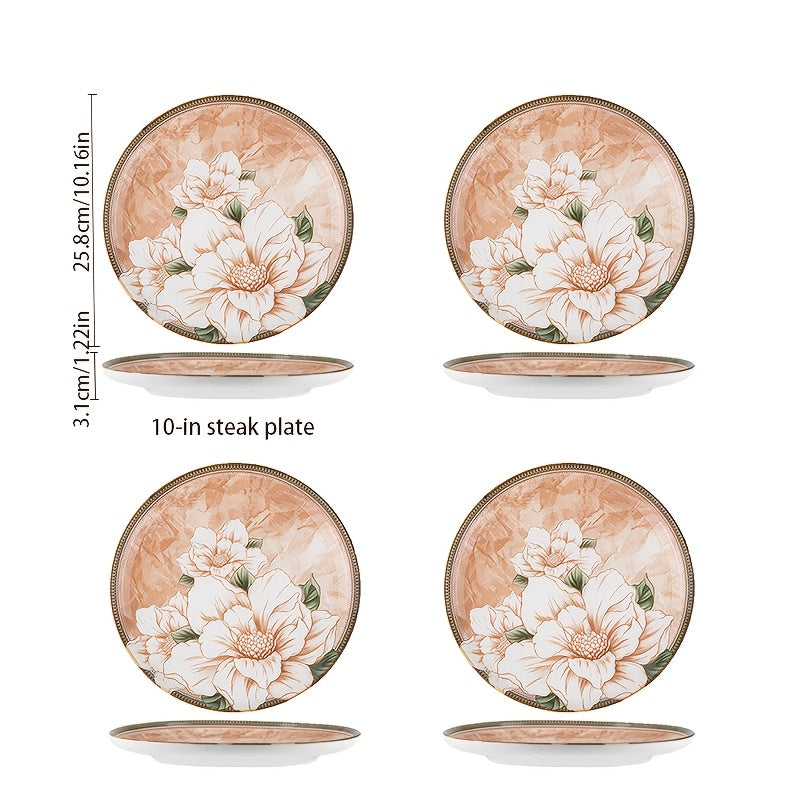 Elegant 4pcs Steak Plate Set with High-End Retro Camellia Pattern, Suitable for Serving Rice, Steak, Roasted Chicken, Salad, Steak And Other Delicacies, Suitable for Restaurants, Hotels, Picnics And Other Occasions