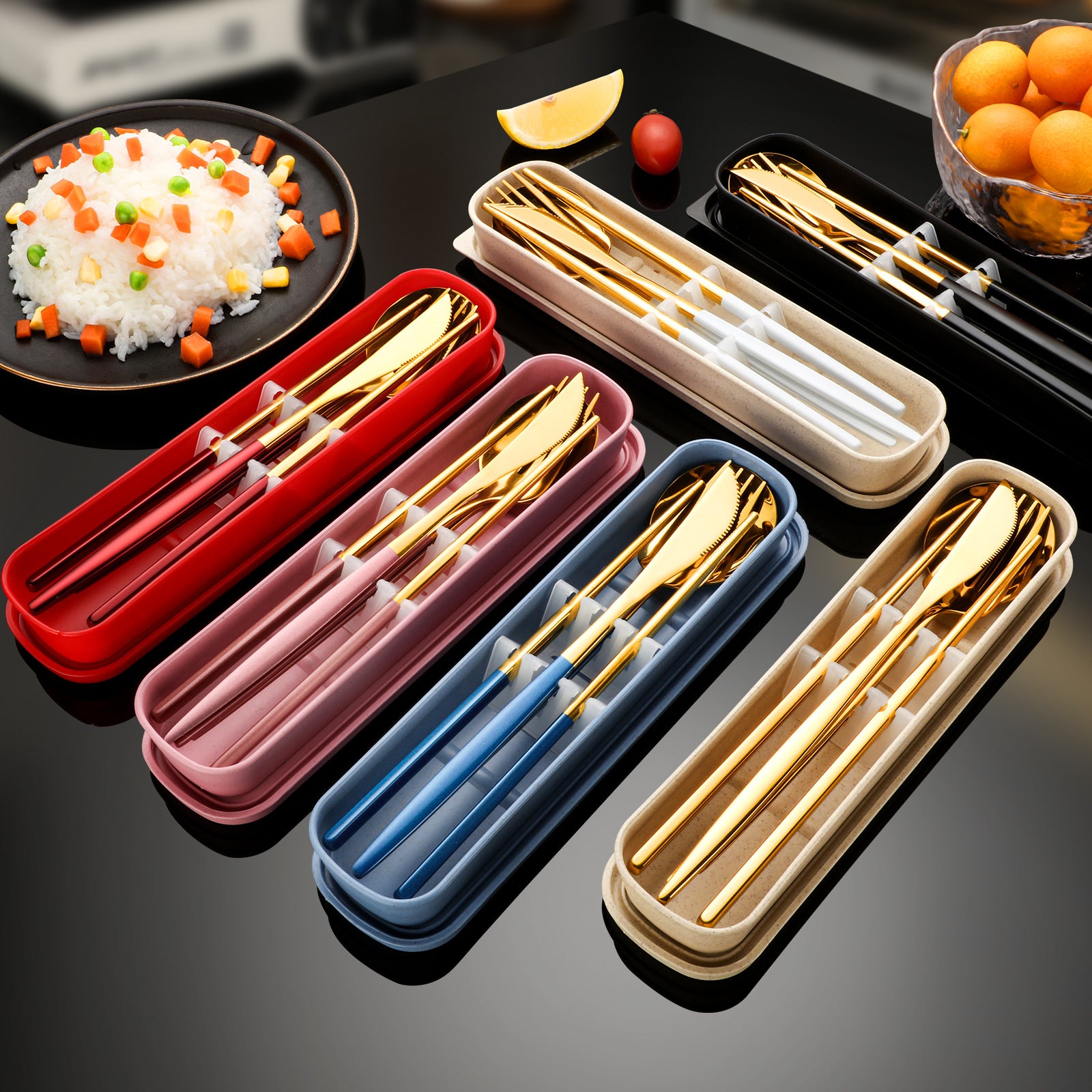 5pcs Stainless Steel Portable Cutlery Set, Including Knife, Spoon, Fork, Chopsticks and Storage Case- Suitable for Various Occasions Such as Travel, Office, Campus, Picnics, Home, Parties, and Weddings
