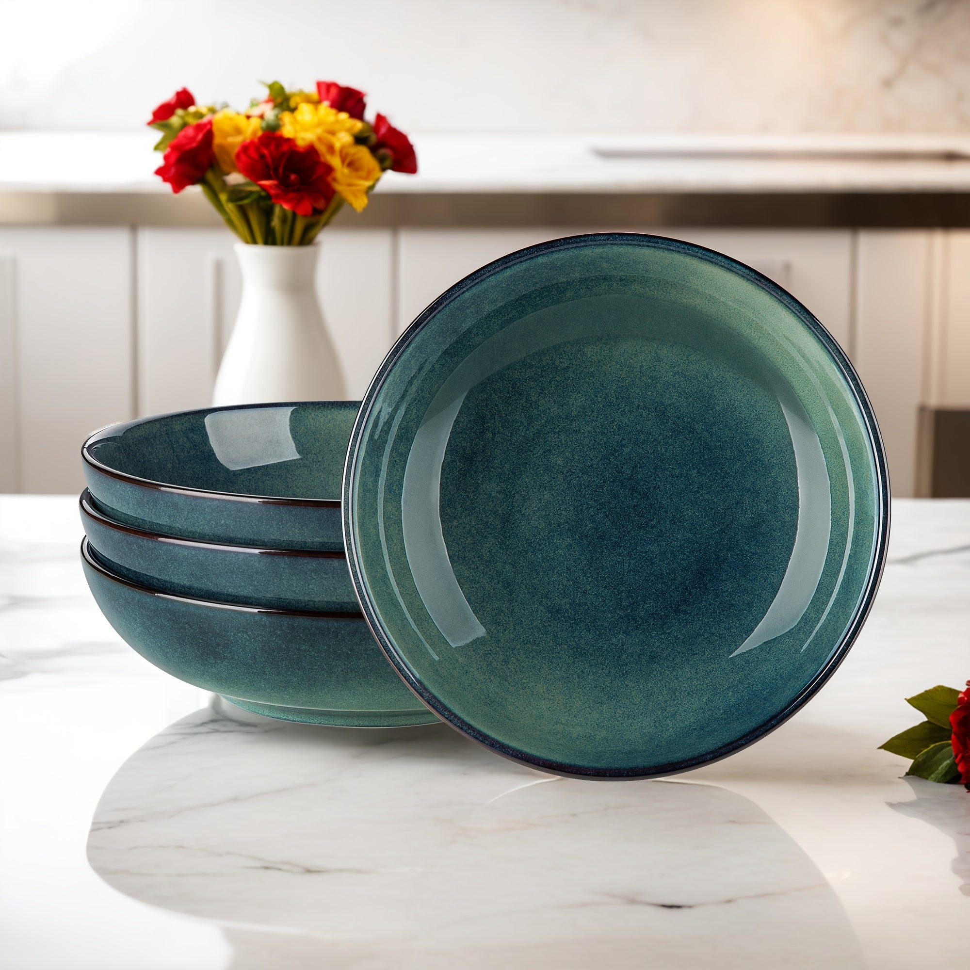 4pcs Ceramic Pasta Bowls | 36 Oz\u002F1140 ML Wide Shallow Bowls for Soup, Salad, Dessert - Microwave & Dishwasher Safe - Green