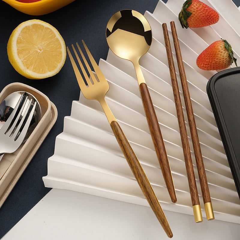 Set of 4 Utensils Made from 304 Stainless Steel with Wooden Handles - Versatile, Thickened, And Polished Cutlery Suitable for Home Use, Camping, Picnics, And Restaurants. Includes Hygienic, Rust-Resistant Chopsticks And a Compact Tool