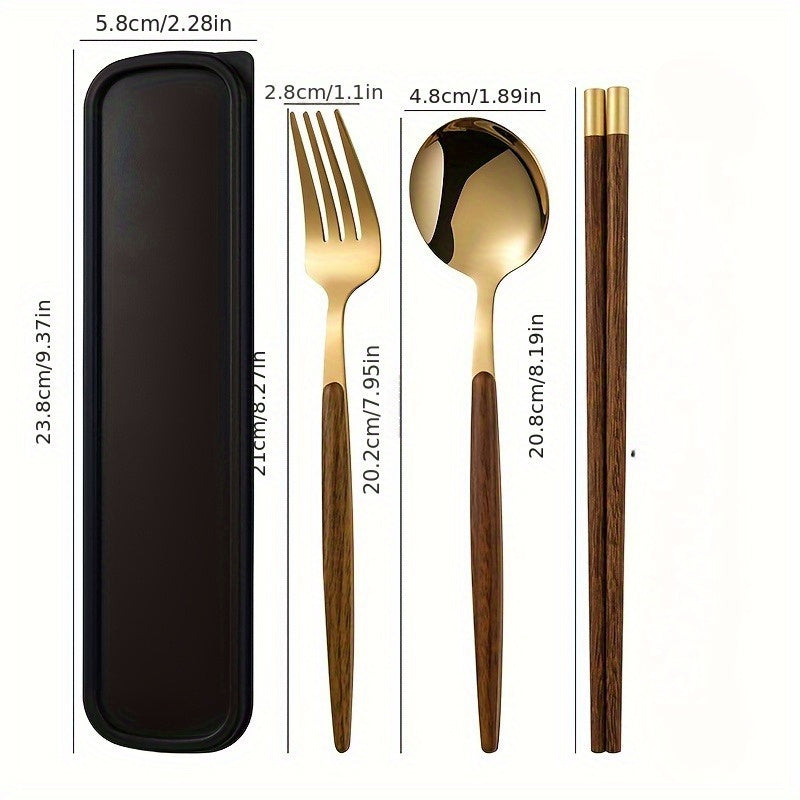 Set of 4 Utensils Made from 304 Stainless Steel with Wooden Handles - Versatile, Thickened, And Polished Cutlery Suitable for Home Use, Camping, Picnics, And Restaurants. Includes Hygienic, Rust-Resistant Chopsticks And a Compact Tool