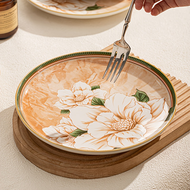 Elegant 4pcs Steak Plate Set with High-End Retro Camellia Pattern, Suitable for Serving Rice, Steak, Roasted Chicken, Salad, Steak And Other Delicacies, Suitable for Restaurants, Hotels, Picnics And Other Occasions