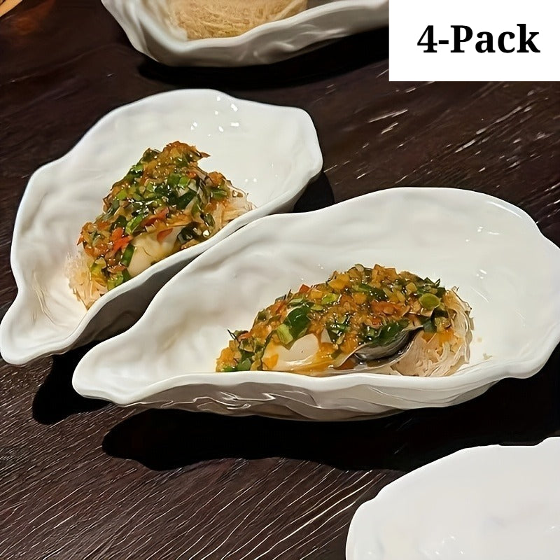 4-Pack 11-Inch White Oyster Shell Ceramic Plates - Irregular Oval Seafood Serving Dishes, Elegant Shell-Shaped Tableware for Christmas, Thanksgiving, Value Pack for Parties, Banquets & Display ( & -)