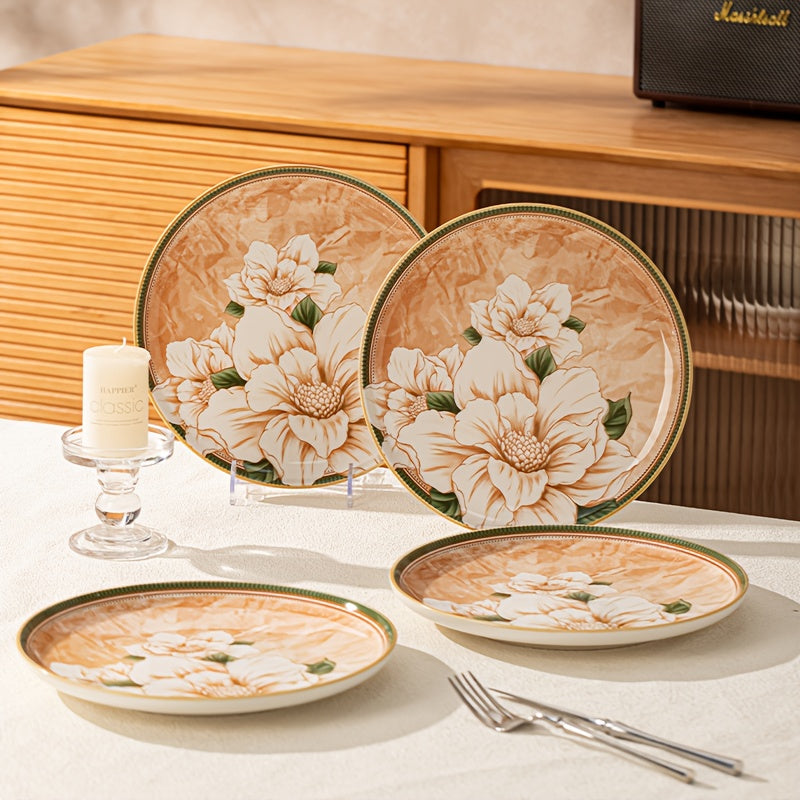 Elegant 4pcs Steak Plate Set with High-End Retro Camellia Pattern, Suitable for Serving Rice, Steak, Roasted Chicken, Salad, Steak And Other Delicacies, Suitable for Restaurants, Hotels, Picnics And Other Occasions