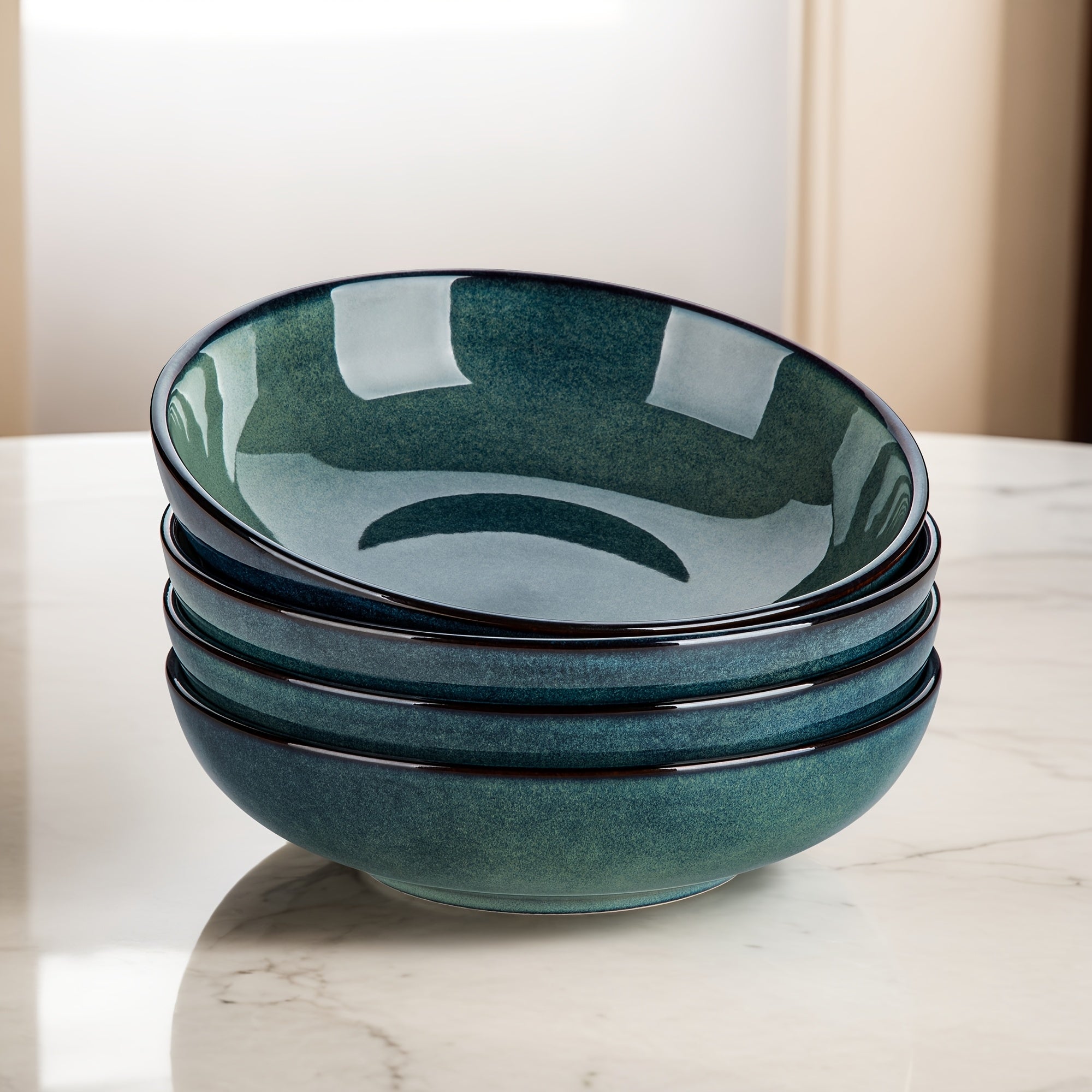 4pcs Ceramic Pasta Bowls | 36 Oz\u002F1140 ML Wide Shallow Bowls for Soup, Salad, Dessert - Microwave & Dishwasher Safe - Green