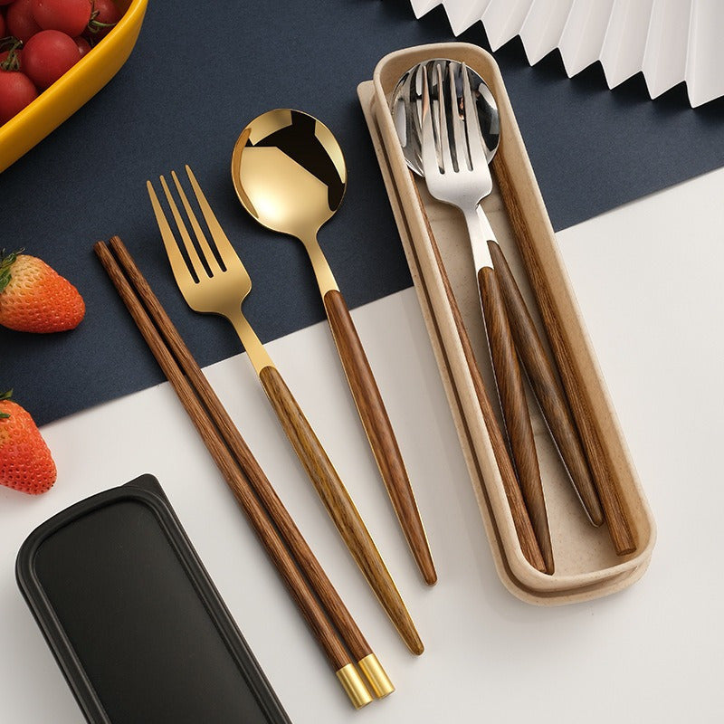 Set of 4 Utensils Made from 304 Stainless Steel with Wooden Handles - Versatile, Thickened, And Polished Cutlery Suitable for Home Use, Camping, Picnics, And Restaurants. Includes Hygienic, Rust-Resistant Chopsticks And a Compact Tool