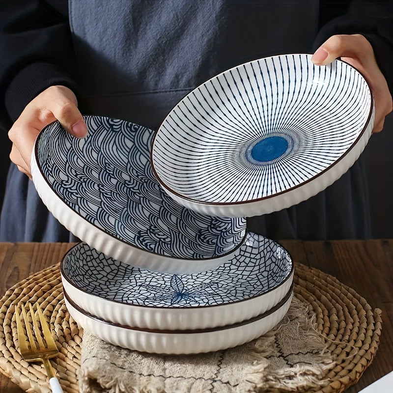 Yamada Household Serving Plate, Nordic-style Steak Plate, Ceramic 7-inch Deep Plate, Non-slip Edge, Underglaze Color Round Plate