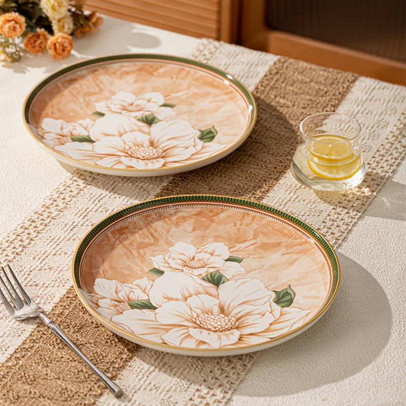Elegant 4pcs Steak Plate Set with High-End Retro Camellia Pattern, Suitable for Serving Rice, Steak, Roasted Chicken, Salad, Steak And Other Delicacies, Suitable for Restaurants, Hotels, Picnics And Other Occasions