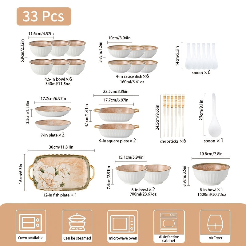 Light Luxury 33\u002F43pcs Ceramic Tableware Set, Featuring High-End Camellia Patterns, Suitable for Serving Salads, Steaks, Pasta, Cake, Etc. Suitable for Restaurants, Hotels, Home Kitchens, Holiday Gatherings, Suitable for 4-8 People to Use