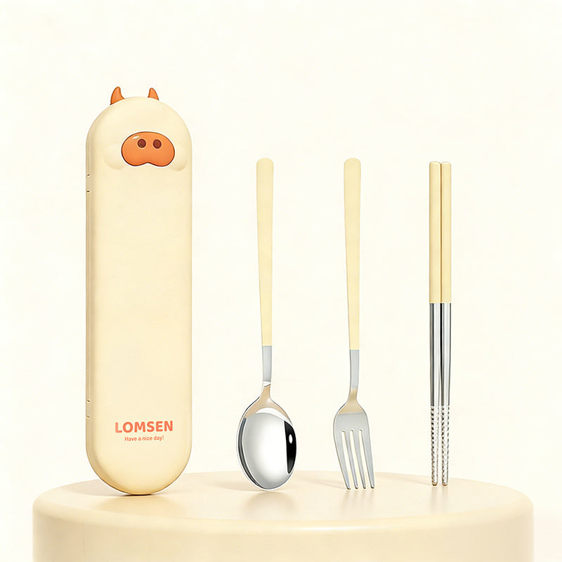Portable Set of Chopsticks, Spoon, And Fork with a Cartoon Animal Cutlery Case, Essential for Students' Meals, Office Workers' Lunches, And Outdoor Picnics