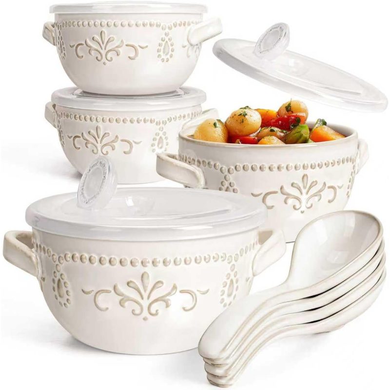 Ceramic Pasta Bowls Set of 4 - 9.85 Inch Large Salad Bowls, 25oz Serving Bowls Soup, Ceramic Coffee Mugs Set of 4, 16oz Embossed Large Latte Mugs Coffee Cups with Handle for Tea