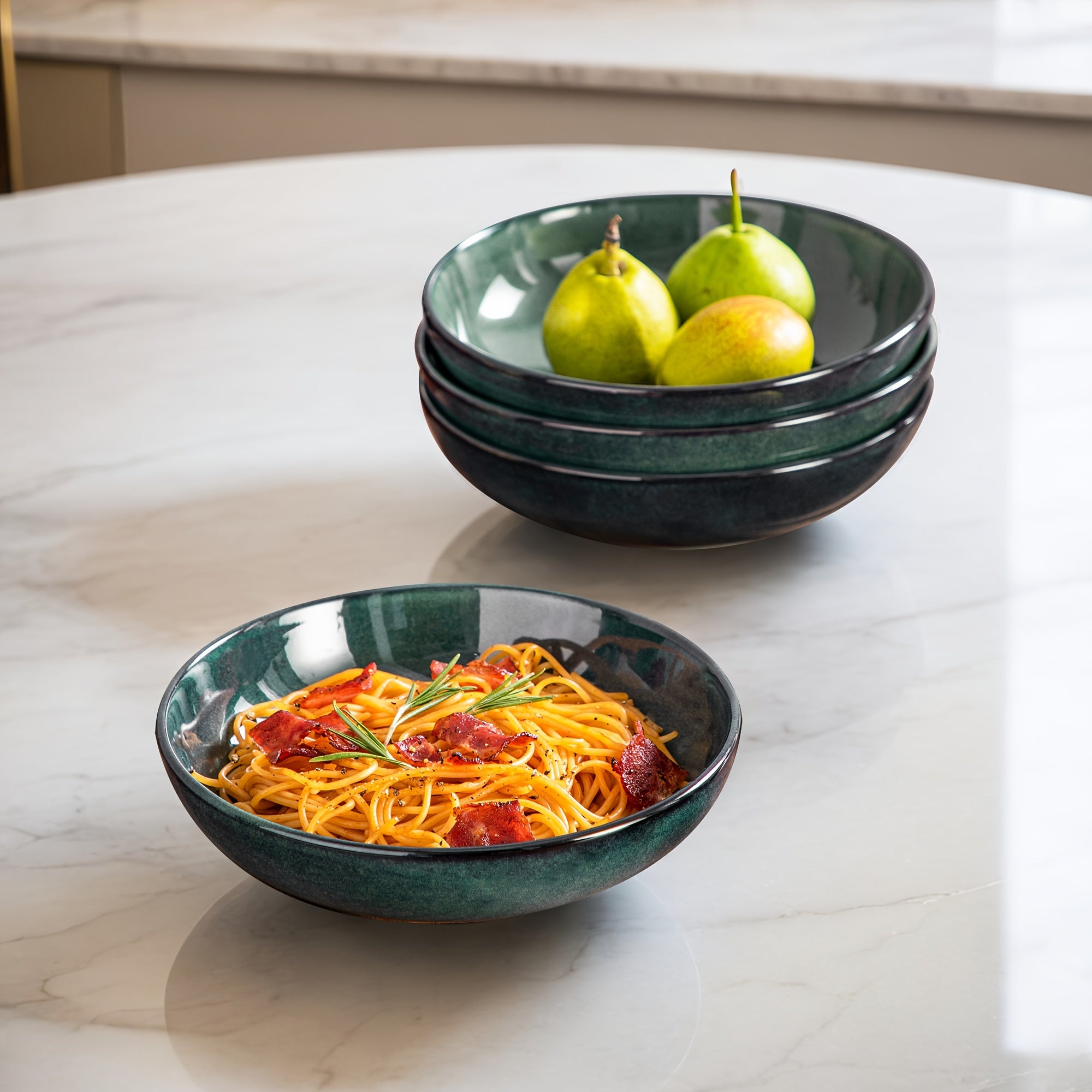 4pcs Ceramic Pasta Bowls | 36 Oz\u002F1140 ML Wide Shallow Bowls for Soup, Salad, Dessert - Microwave & Dishwasher Safe - Green