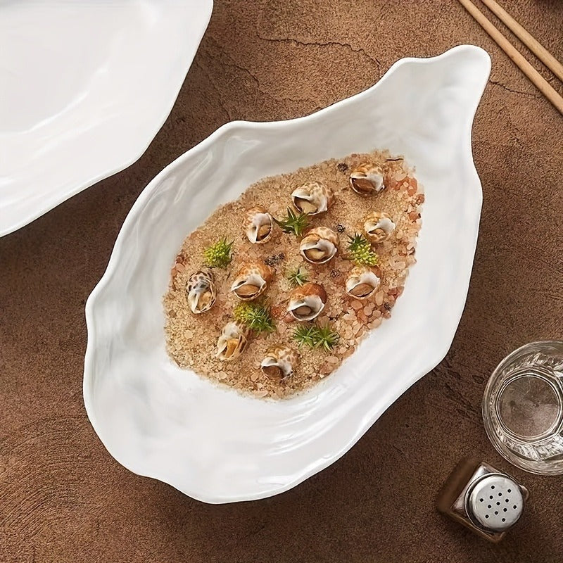 4-Pack 11-Inch White Oyster Shell Ceramic Plates - Irregular Oval Seafood Serving Dishes, Elegant Shell-Shaped Tableware for Christmas, Thanksgiving, Value Pack for Parties, Banquets & Display ( & -)