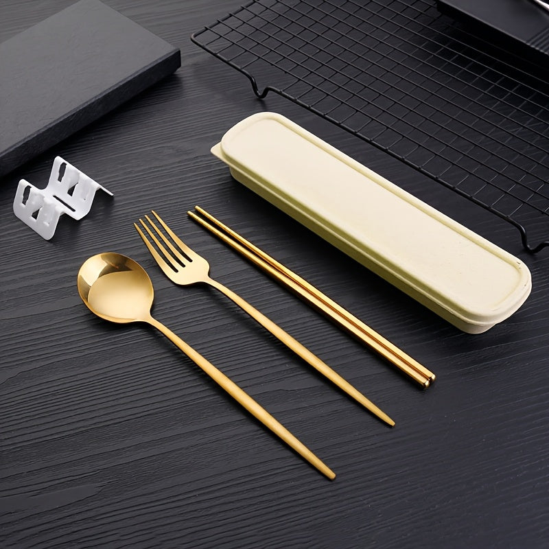 Portable 3pcs Stainless Steel Cutlery Set - Golden Handle Fork, Spoon & Chopsticks with Green Travel | 304 Stainless Steel, Polished Finish, Compact & Durable for Travel, Camping, Office, Home Use | Hygienic Outdoor Dining Essentials