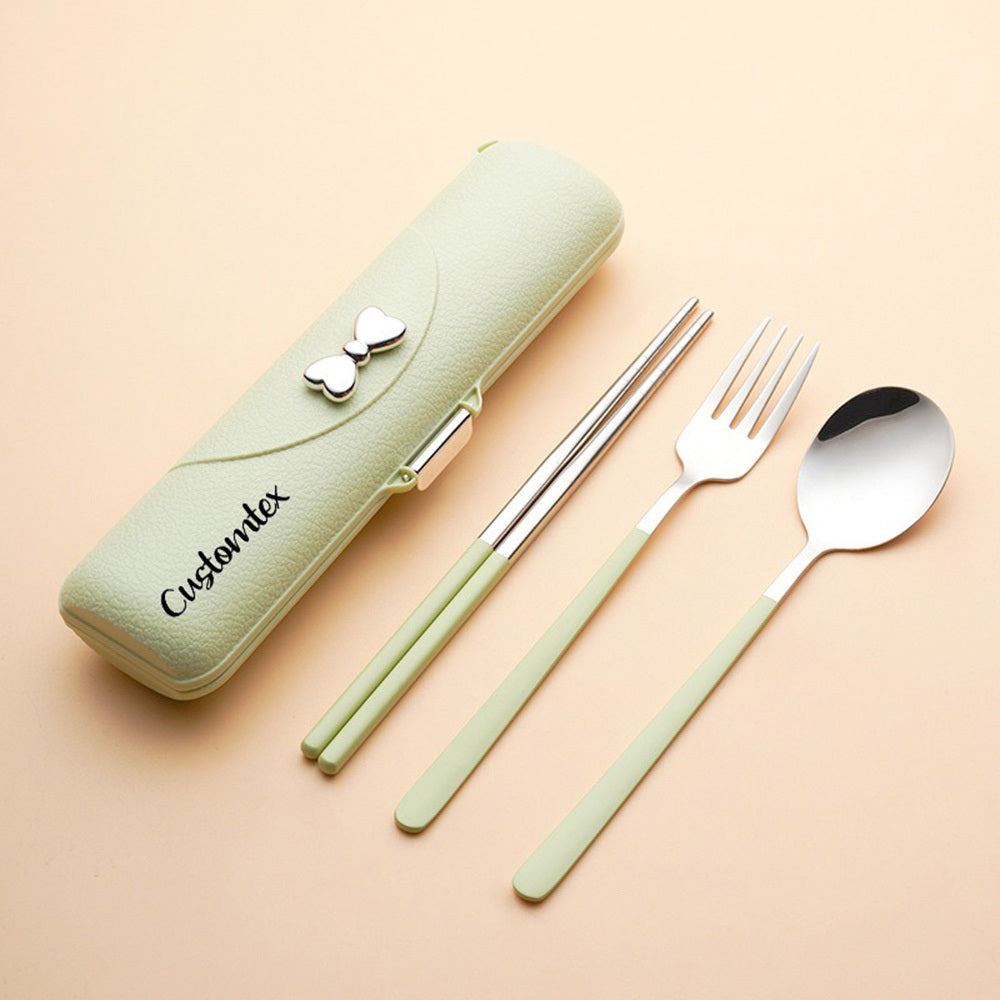 Personalization Laser Engraving Butterfly Bow Portable Cutlery Set - 3pcs of Stainless Steel Cutlery with Plastic Handles, Includes Spoon, Fork, Chopsticks and Storage Box - Beautiful Travel Cutlery Set